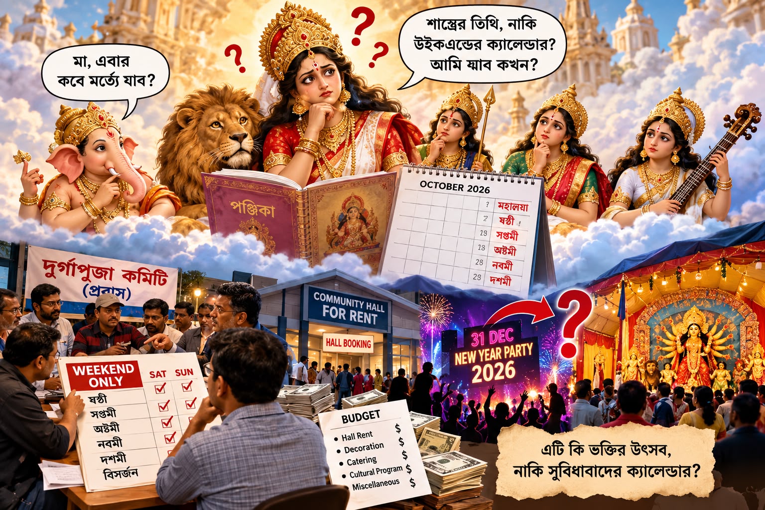 স্বর্গে দেবী দুর্গার বিভ্রান্তি!: শাস্ত্রের তিথি, প্রবাসের উইকএন্ড আর হলভাড়ার হিসাব—ভক্তি কি আজ সুবিধাবাদের কাছে পরাজিত?
