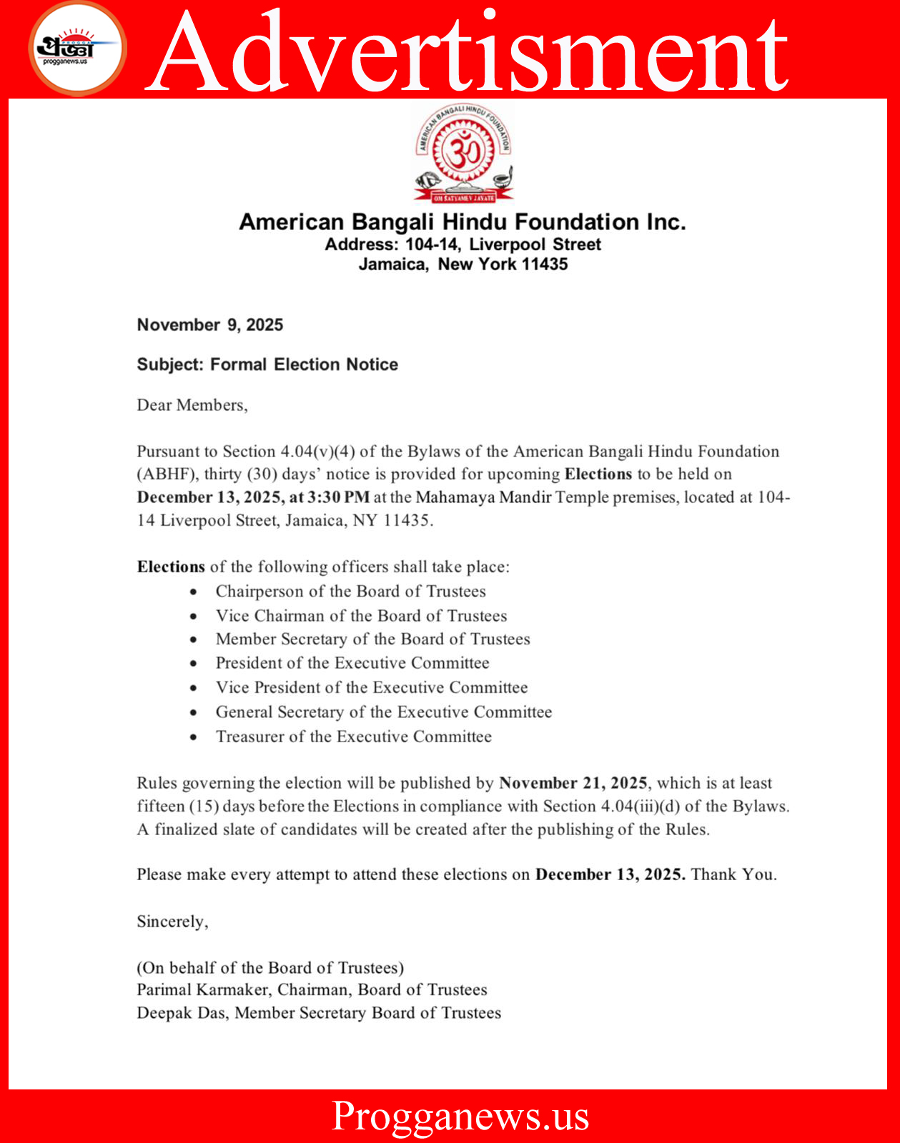 Advertisment: Formal Election Notice for American Bangali Hindu Foundation Inc.